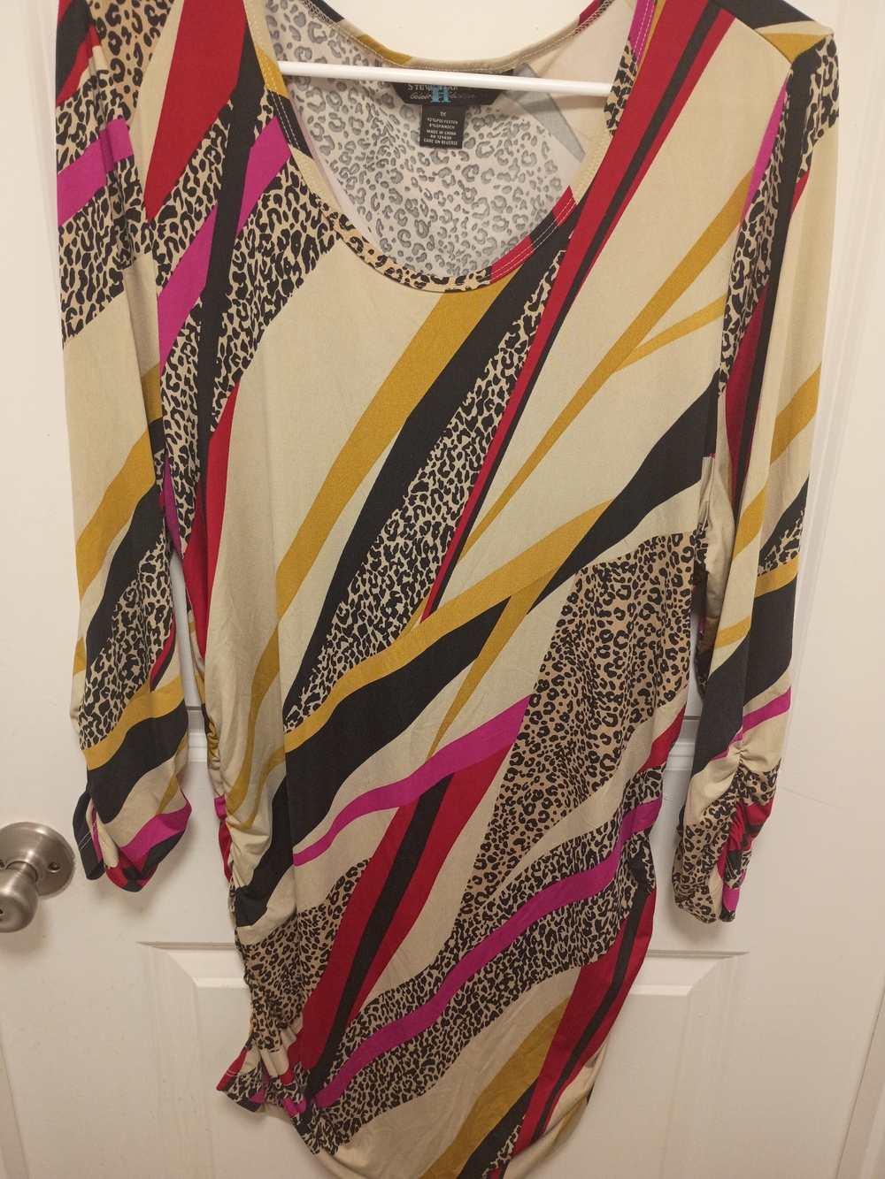 Long-Sleeve Leopard & Stripe Print Dress in Beige, Pink & Black - Picture 9 of 9